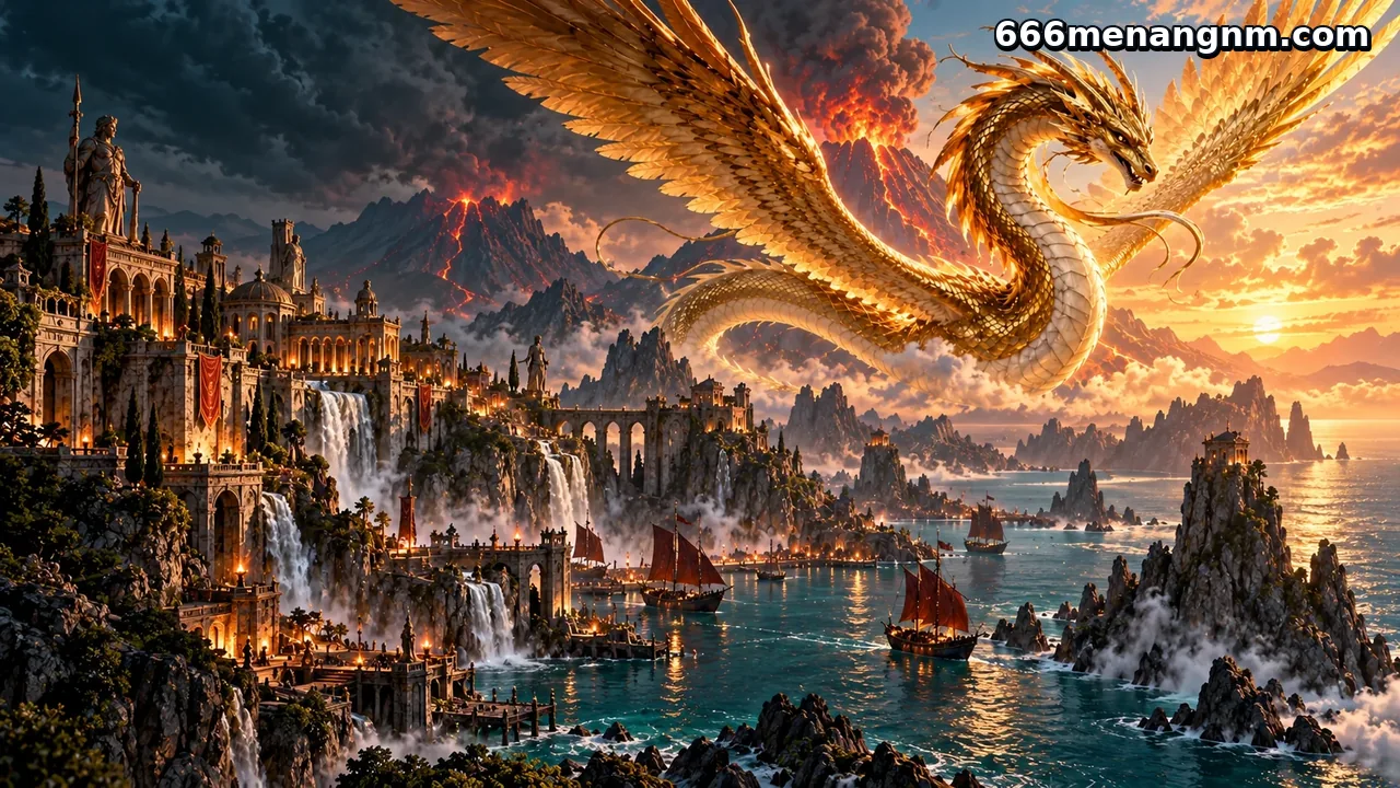 666menang — Naga emas terbang di atas pelabuhan fantasi